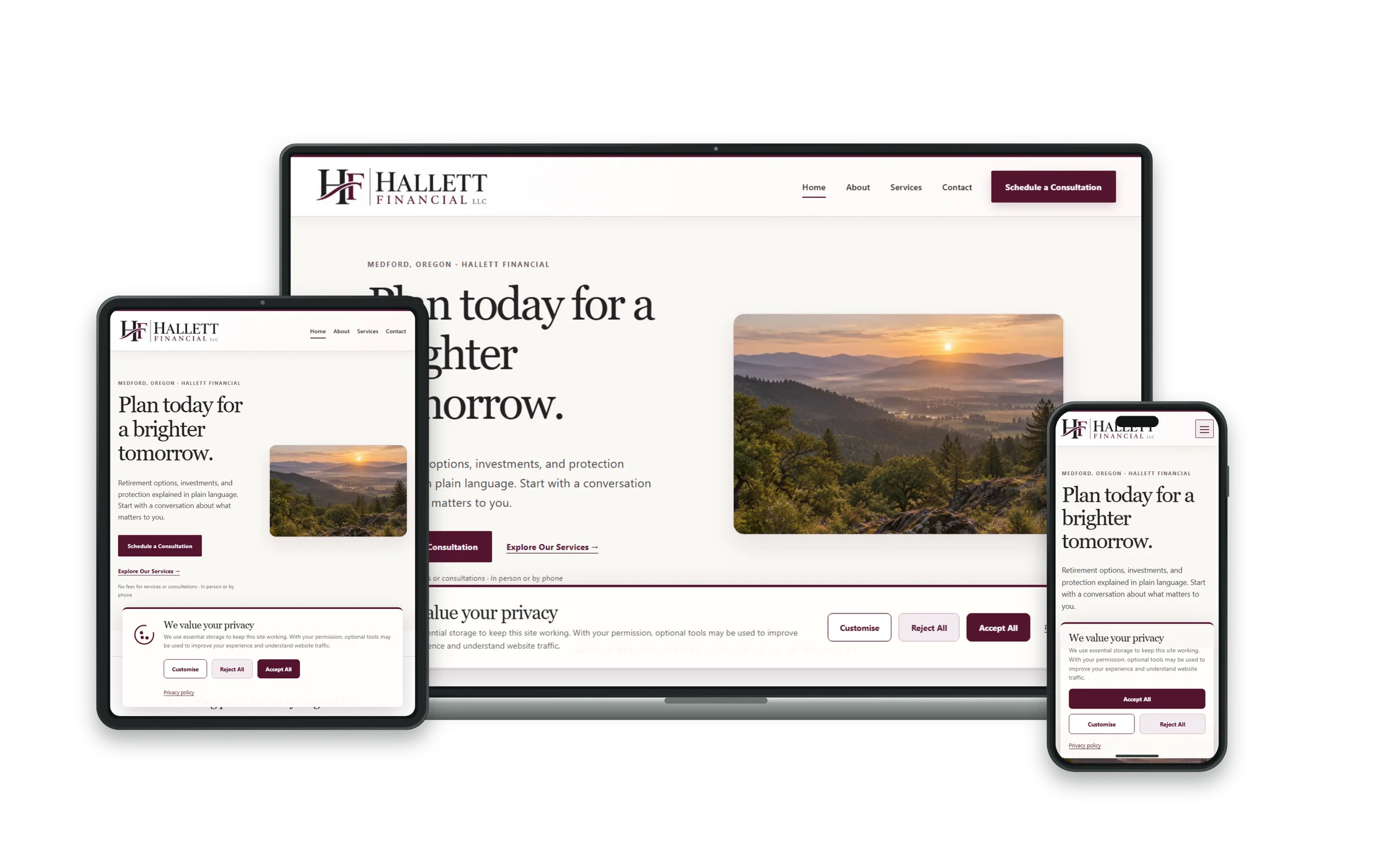 Hallett Financial website presented on a desktop, tablet, and phone, with a warm landscape and burgundy accents.