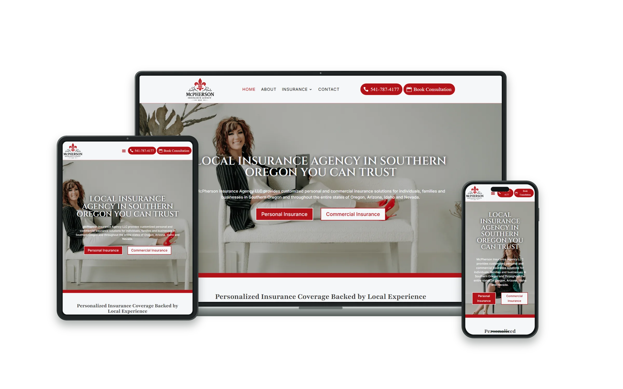 McPherson Insurance website mockup across desktop, tablet, and phone screens.
