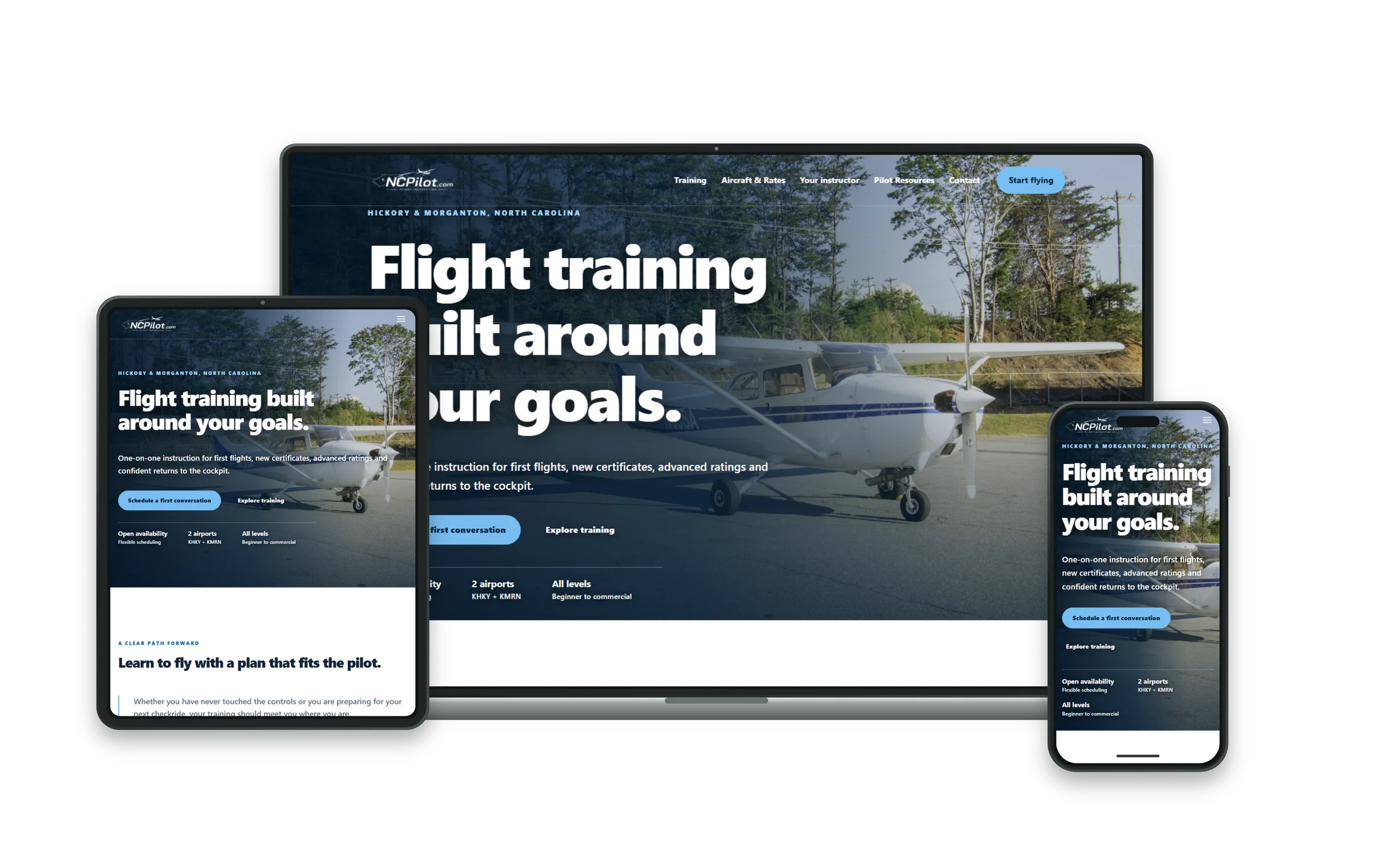 NC Pilot flight training website across a desktop, tablet, and phone, showcasing a responsive custom design.
