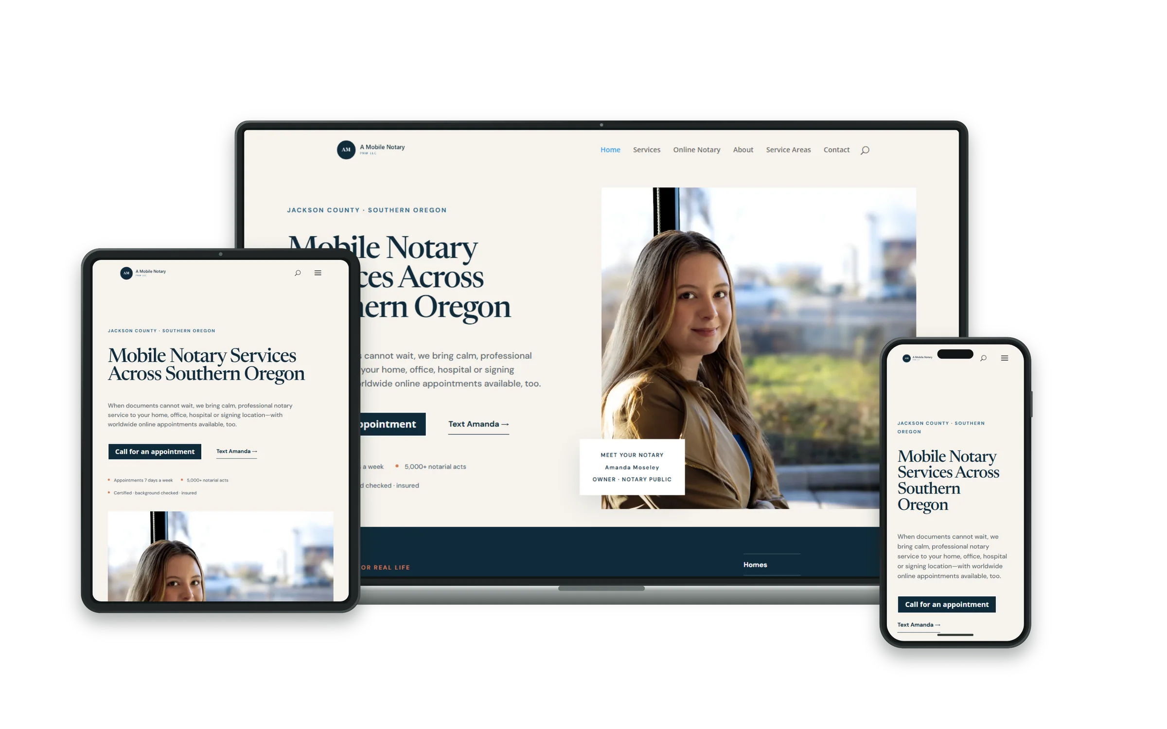 A Mobile Notary PNW website mockup displayed across three device sizes.