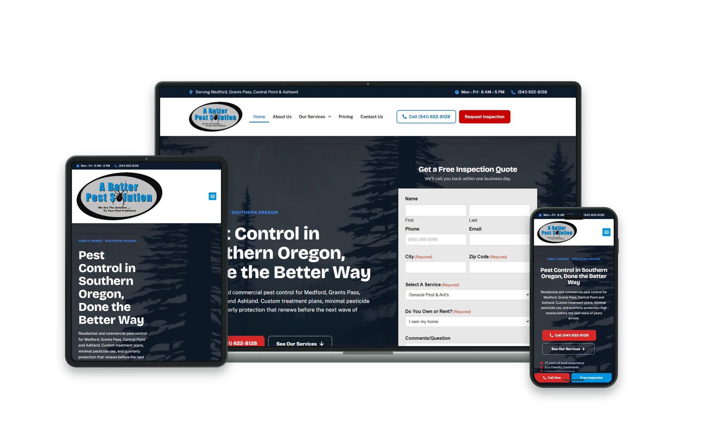 A Better Pest Solution responsive website shown on desktop, tablet, and phone.