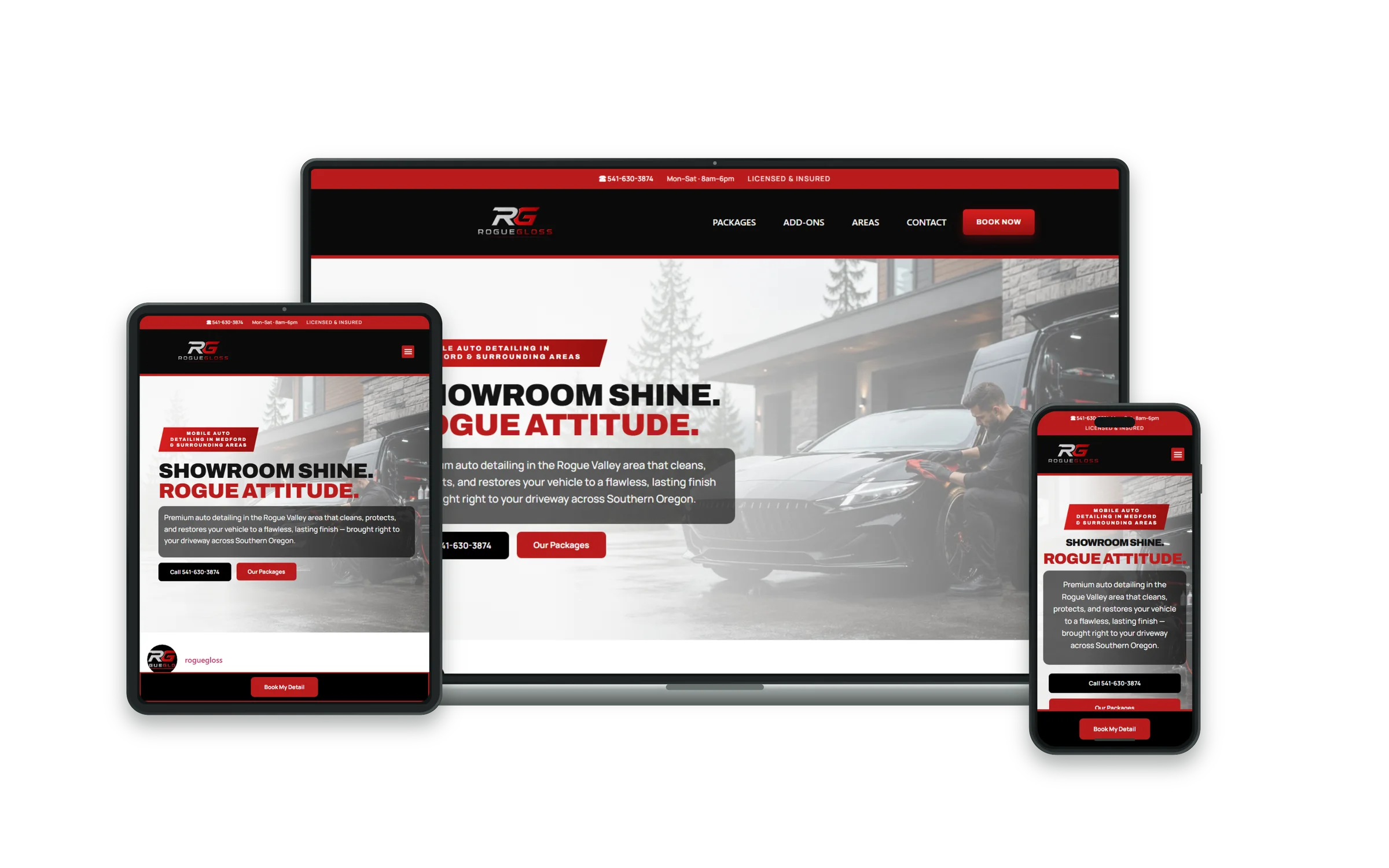 Rogue Gloss auto detailing website in black and red, displayed on desktop, tablet, and phone.
